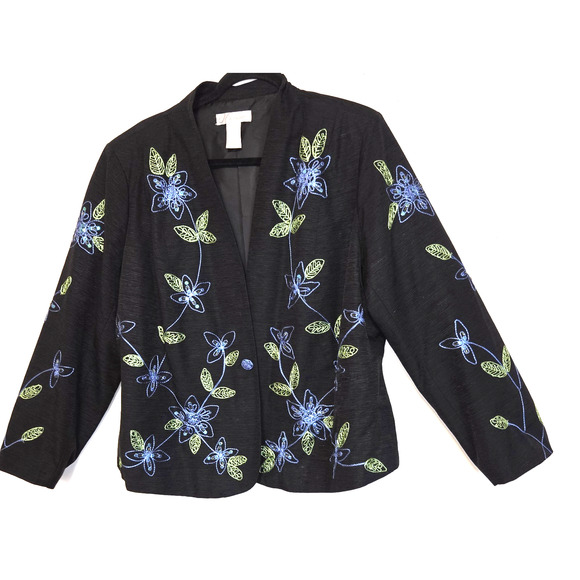 VTG Silk Embroidered Floral Black Jacket Top Plus 2X Sequins Artsy Art To Wear - Picture 1 of 16